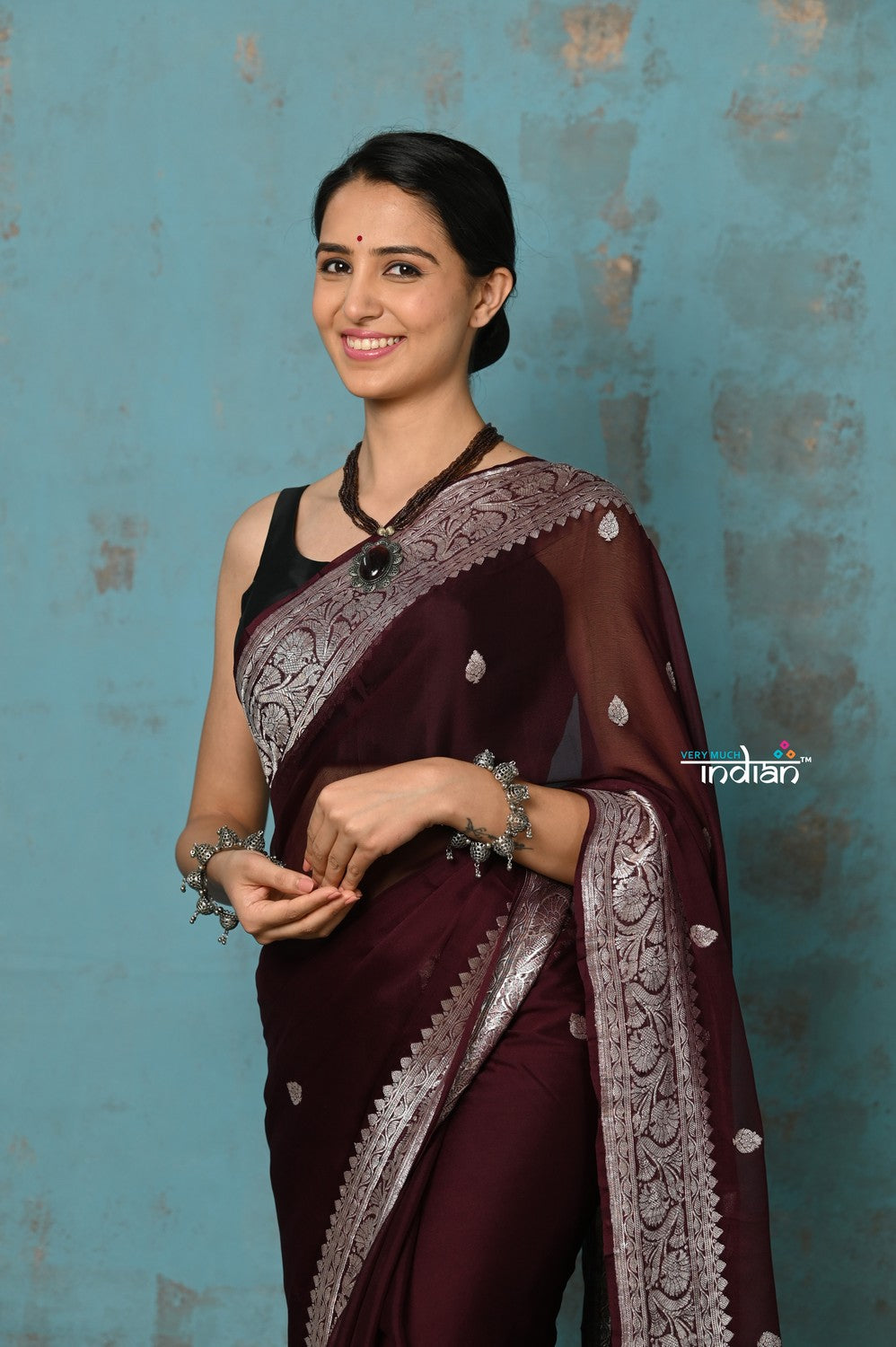 Very Much Indian Suhaani - Handloom Khaddi Georgette Saree With Sleek Border - Maroon (Silk Mark)