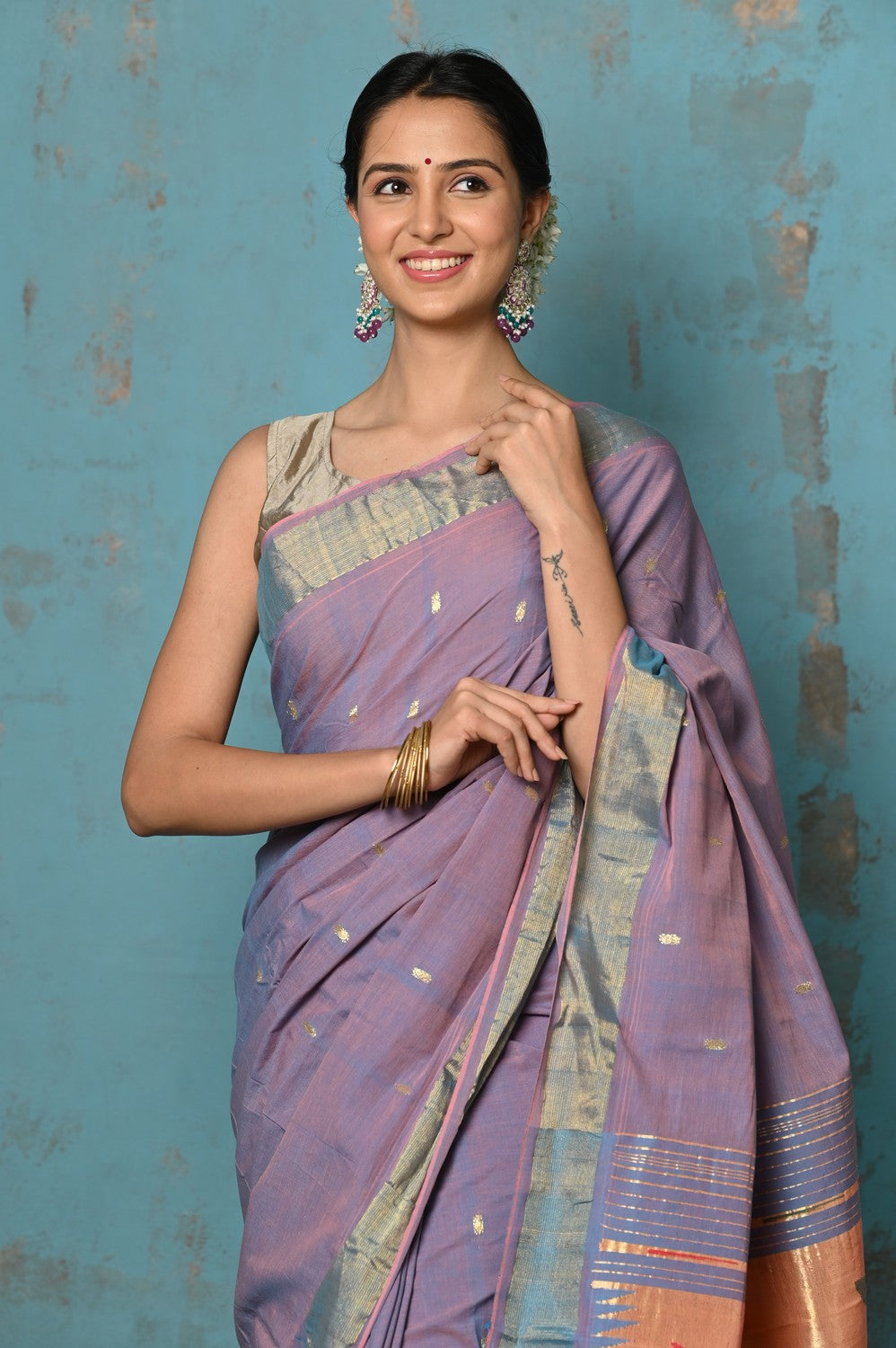 Very Much Indian Tyohaar - Handloom Pure Cotton Paithani With Parrot Peacock Pallu- Dual Tone Sky Blue & Purple