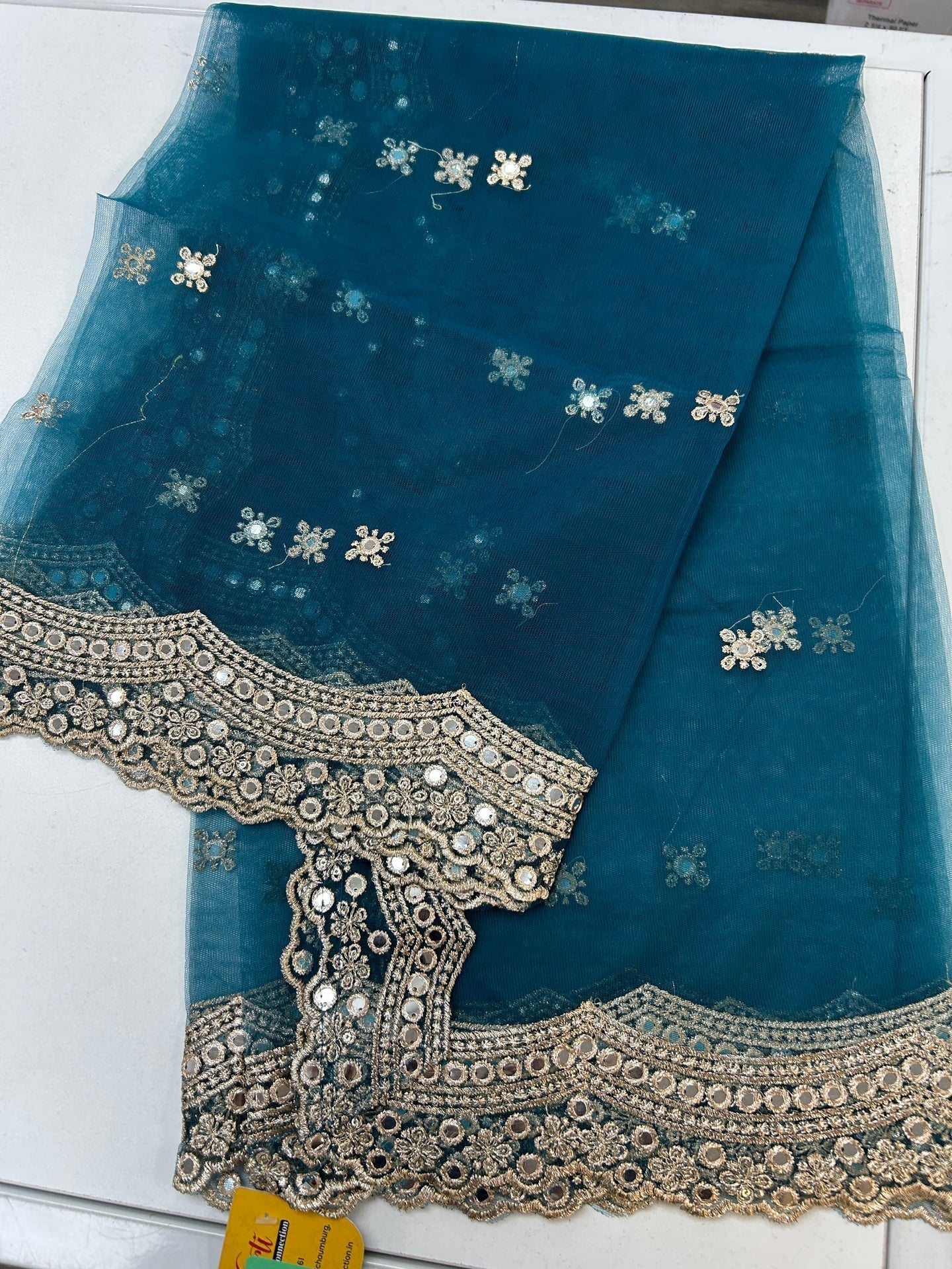 Teal blue mirror work duppata
