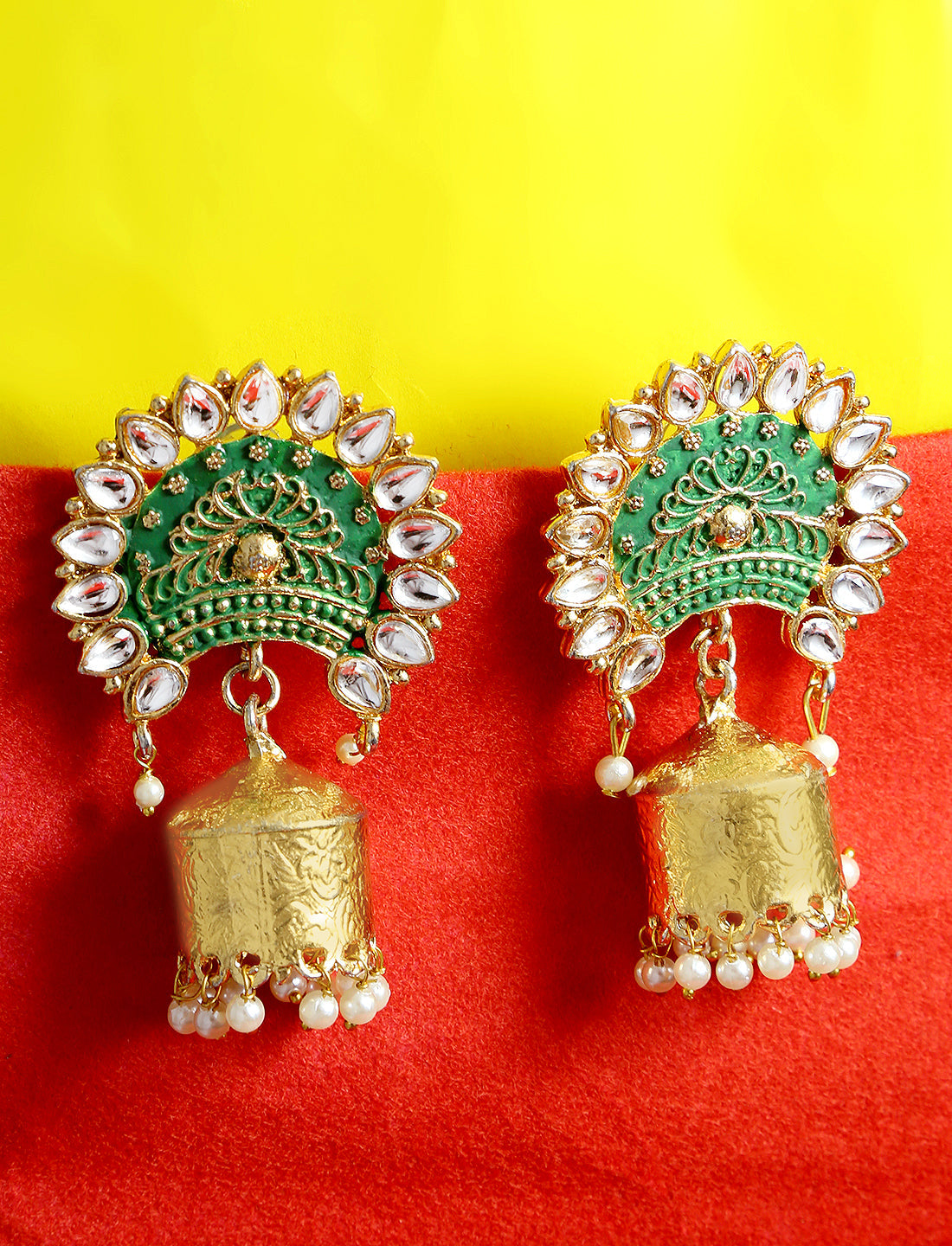 Gold-Polished Alloy Brass Blue Golden Jhumki Earrings - The Pari