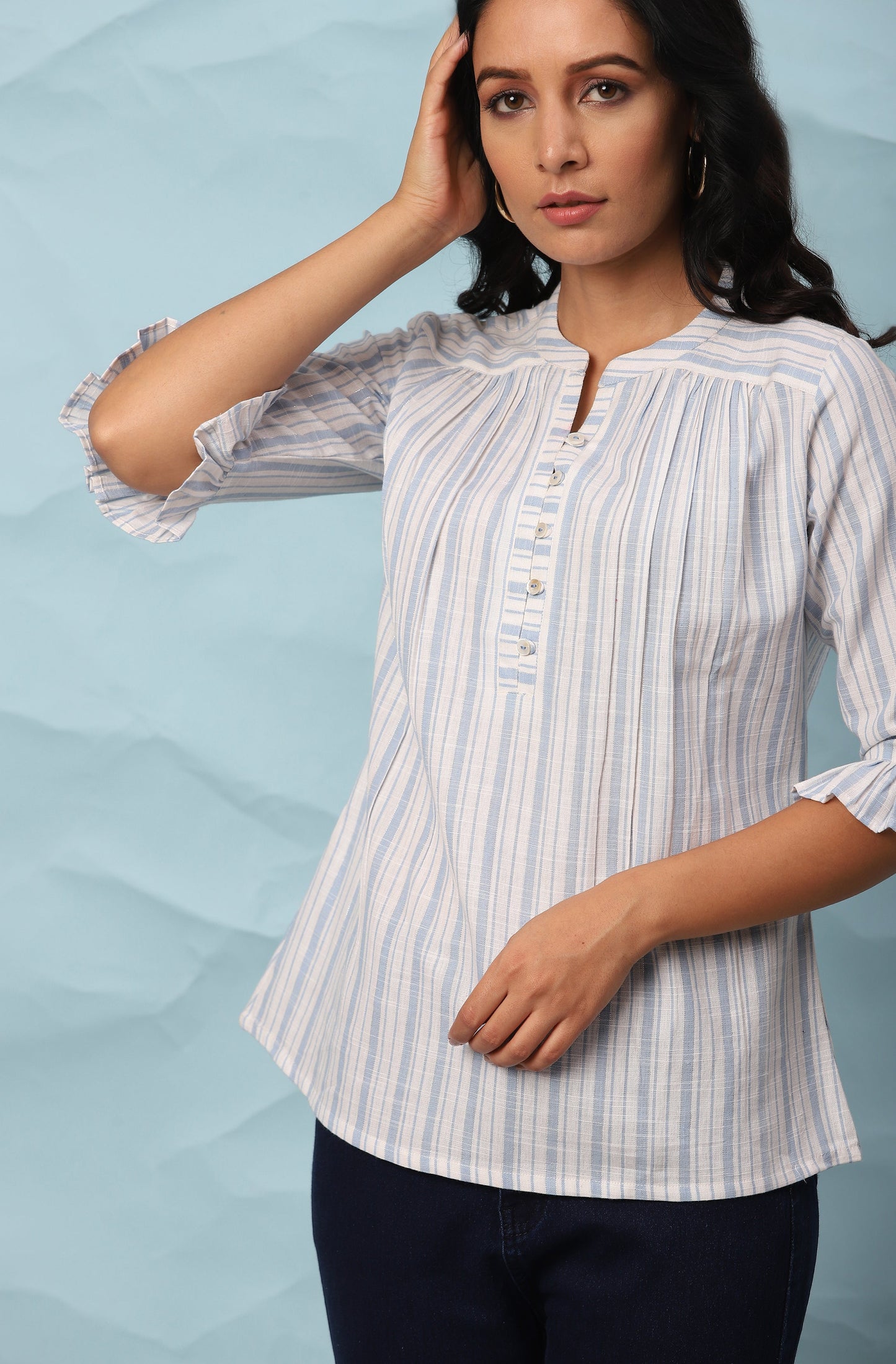 Janasya Women's White Cotton Slub Striped Straight Top