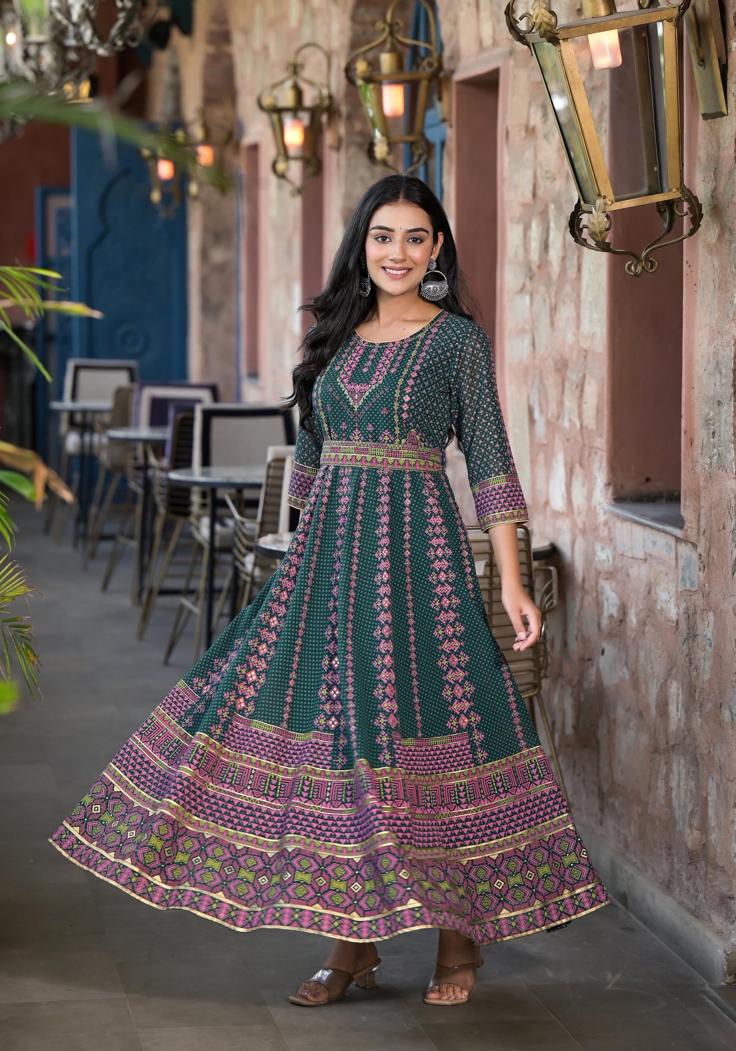 Juniper Green Ethnic Motif Printed Georgette Maxi Dress With Sequins Gota Patti