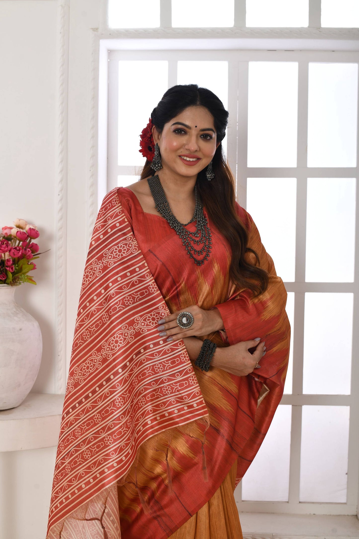 Jyoti Fashion Women's Mustard Soft Tussar Silk Printed Temple Border Traditional Saree with Blouse