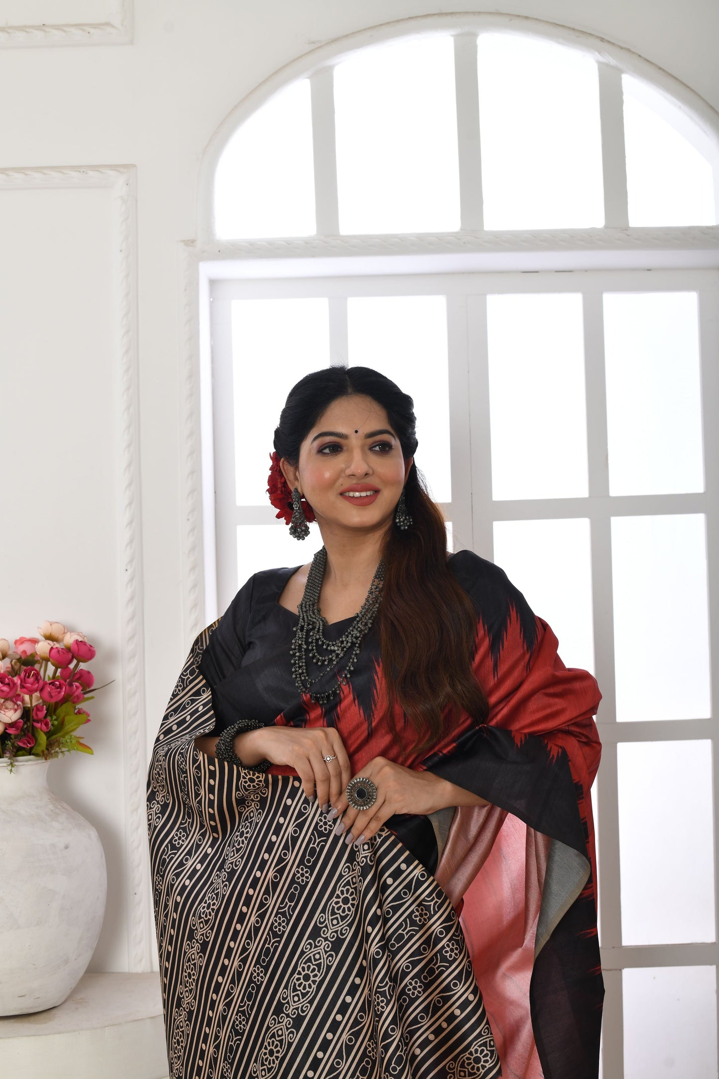 Jyoti Fashion Women's Red Soft Tussar Silk Printed Temple Border Traditional Saree with Blouse