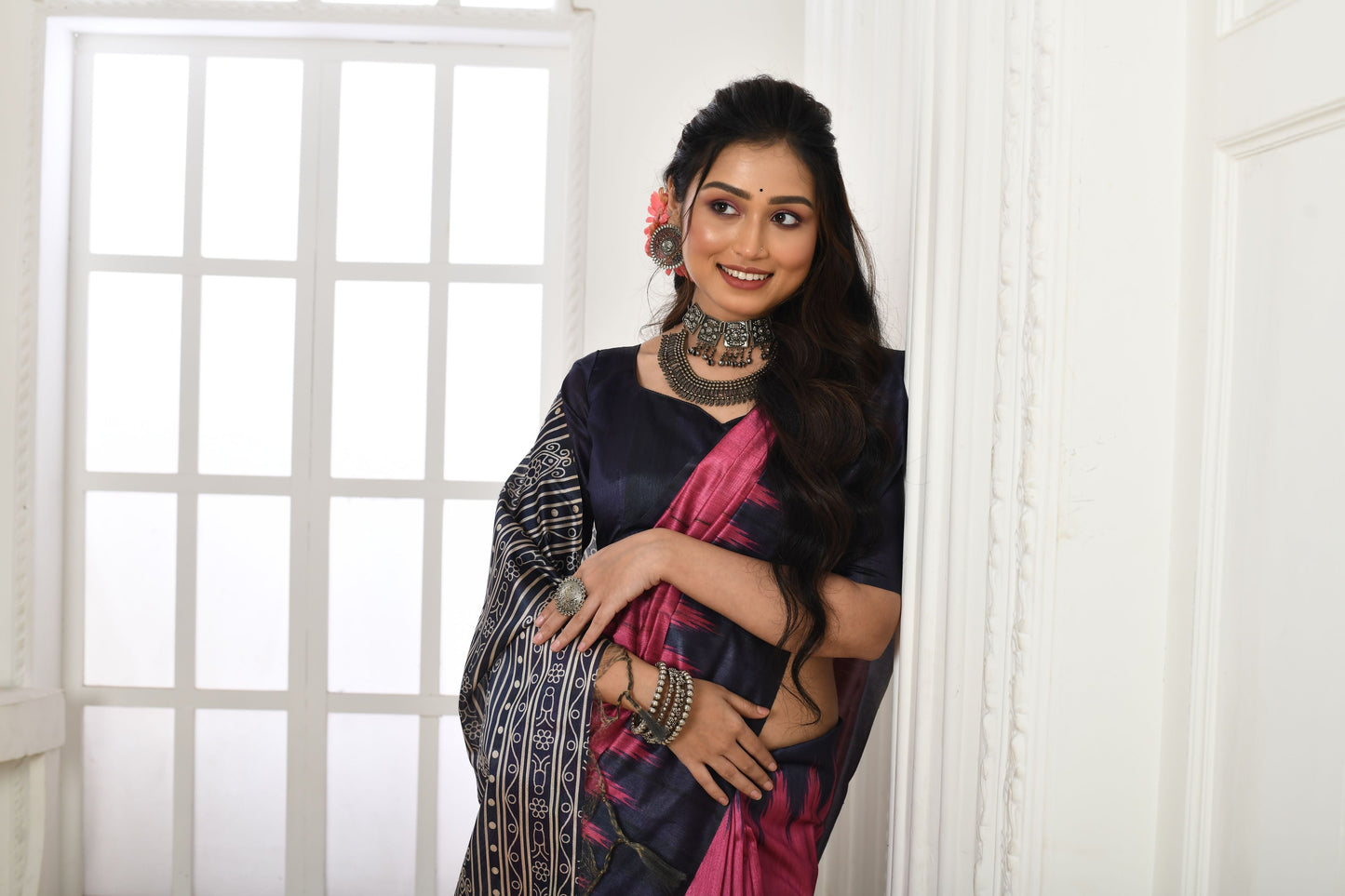 Jyoti Fashion Women's Pink Soft Tussar Silk Printed Temple Border Traditional Saree with Blouse