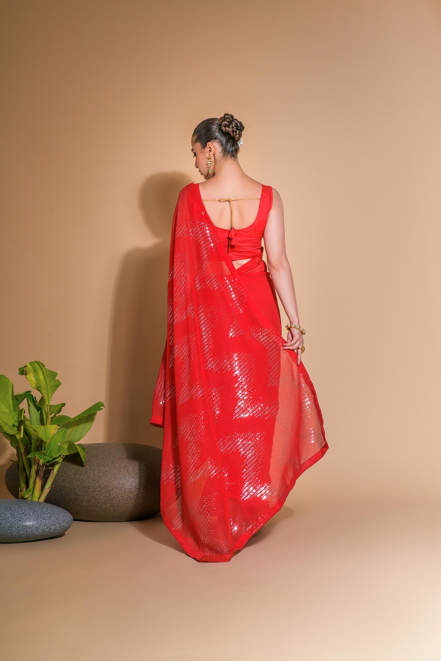 Jyoti Fashion Women's Red Georgette Sequins Embroidered Designer Saree with Blouse