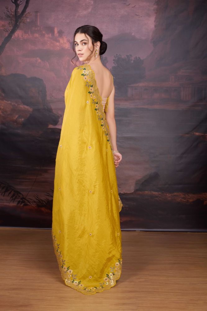 Jyoti Fashion Women's Yellow Art Silk Sequins Embroidered Designer Saree with Blouse