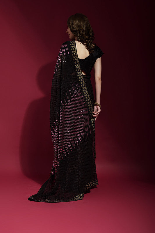 Jyoti Fashion Women's Wine Sequence Embroidery Georgette Saree with Blouse