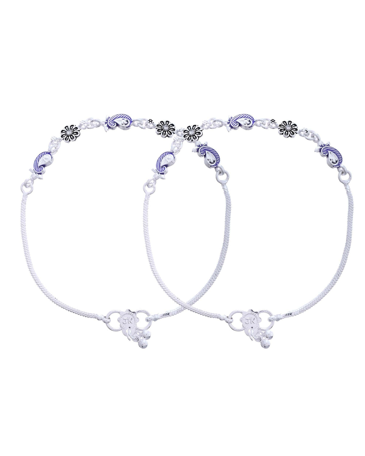 Jewels Nest Set of 2 Silver-Plated Stainless Steel Paisley & Floral Charm Anklets