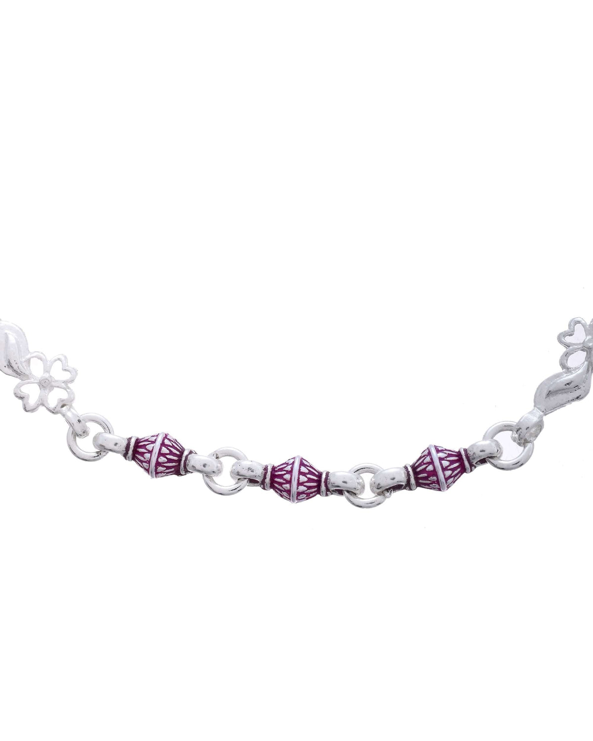 Jewels Nest Set of 2 Silver-Plated Stainless Steel Anklets with Pink Artificial Beads