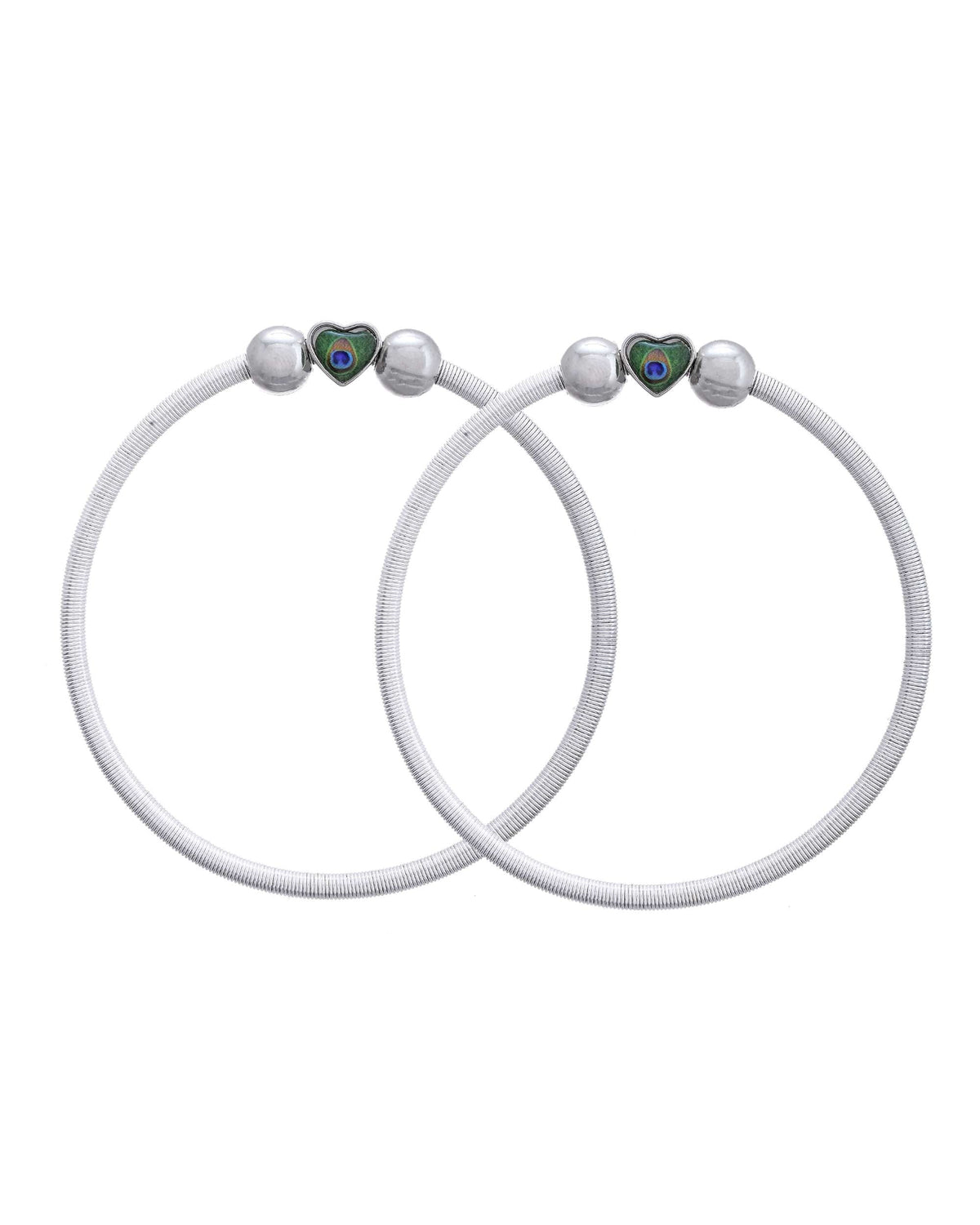 Jewels Nest Set of 2 Silver-Plated Stainless Steel Heart-Shaped Peacock Stone Beaded Anklets