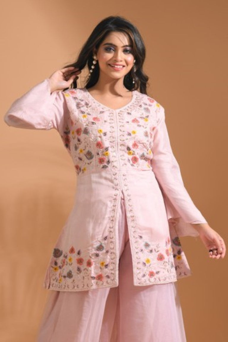 Morchari Co Ord Set With Hand Embroidery - Light Peach