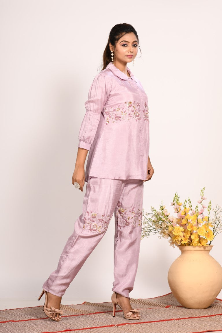 Morchari Co Ord Set With Hand Embroidery - Purple