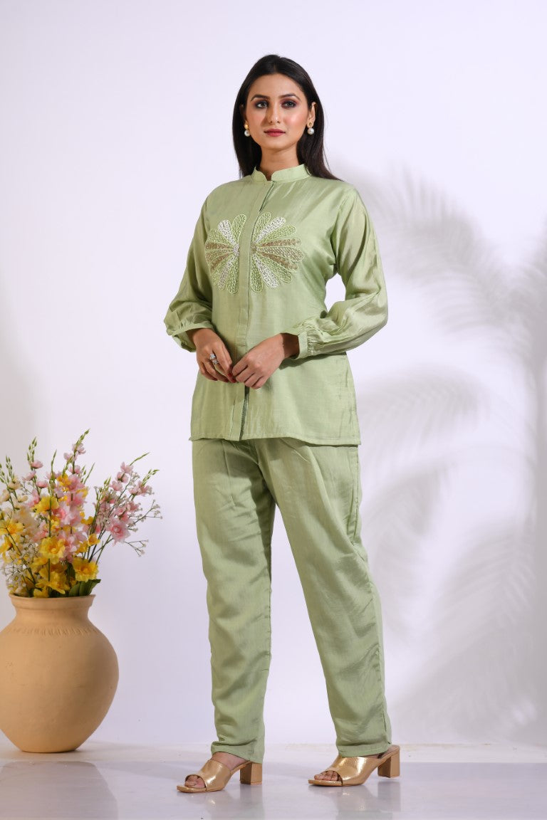 Morchari Co Ord Set With Hand Embroidery - Green