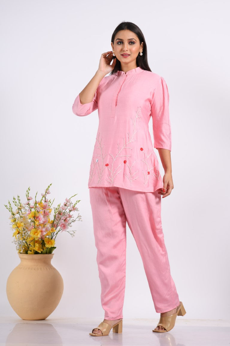 Morchari Co Ord Set With Hand Embroidery - Pink