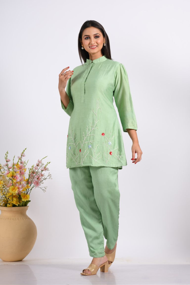 Morchari Co Ord Set With Hand Embroidery - Green
