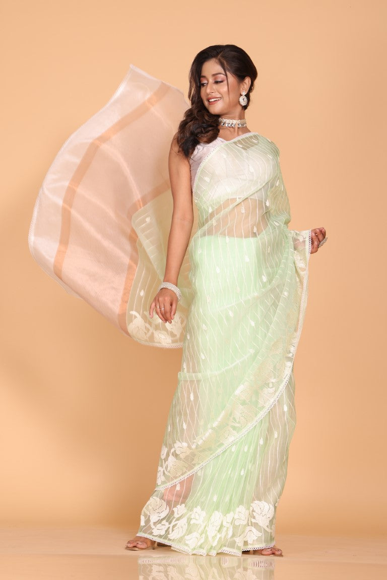 Morchari Orzanga Stripe Embroidery Saree - Green