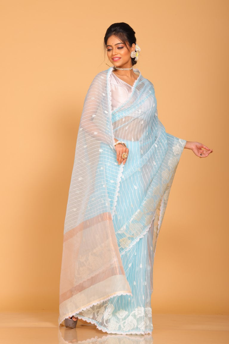 Morchari Orzanga Stripe Embroidery Saree - Green