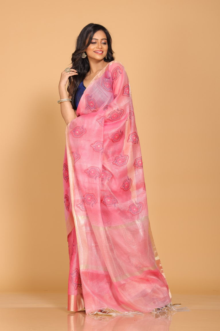 Morchari Kota Tissue Zari Embroidery Saree - Pink