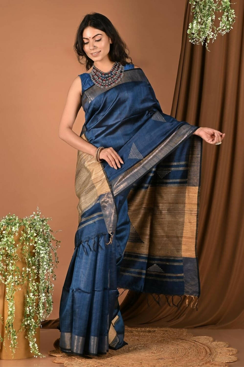 Very Much Indian Handloom Pure Dupion Silk Saree With Sleek Golden Border - Blue