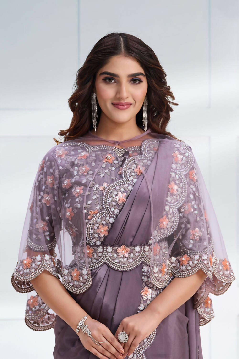 Lavender Crepe satin silk Cord & Sequence Embroidered with Stone work Saree - Mohmanthan Majestica