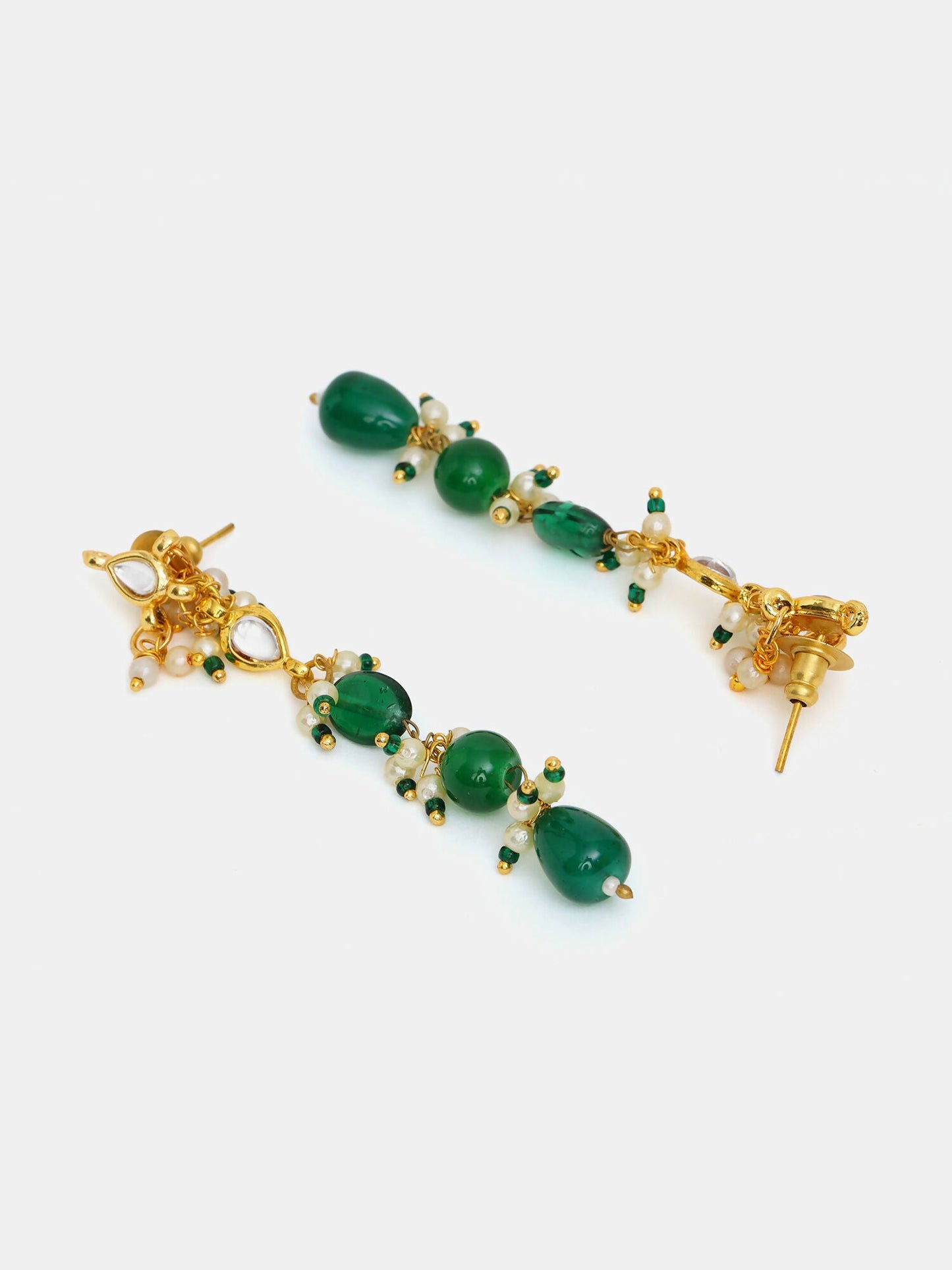 Ruby Raang 22k Gold Polished Long Kundan And Emerald Earrings