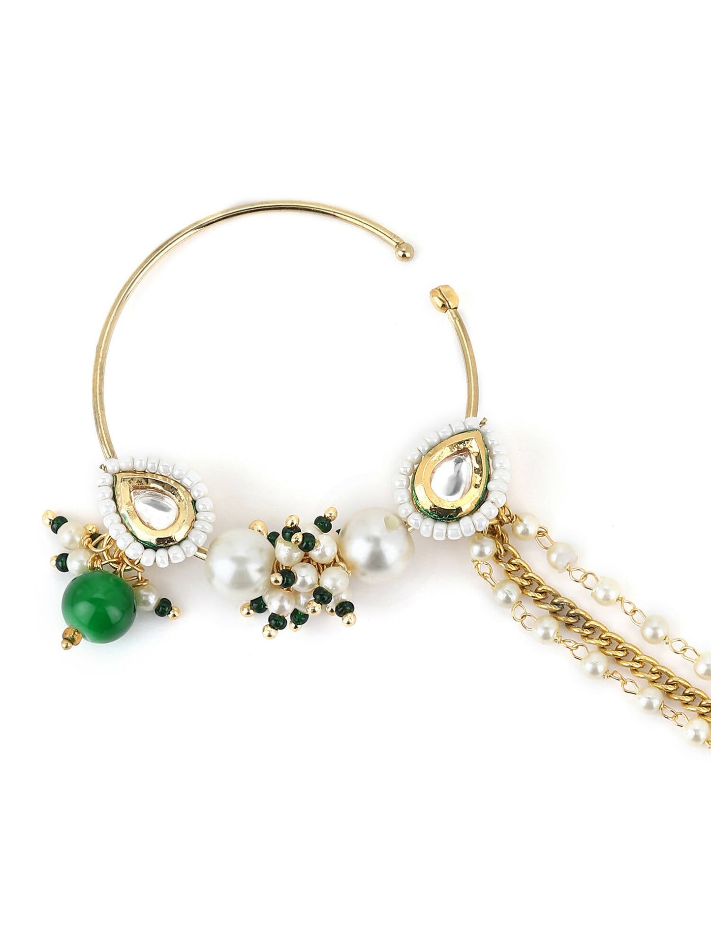 Gold-Polished White Green Kundan-Studded Pearl Beaded Nosepin - Ruby Raang
