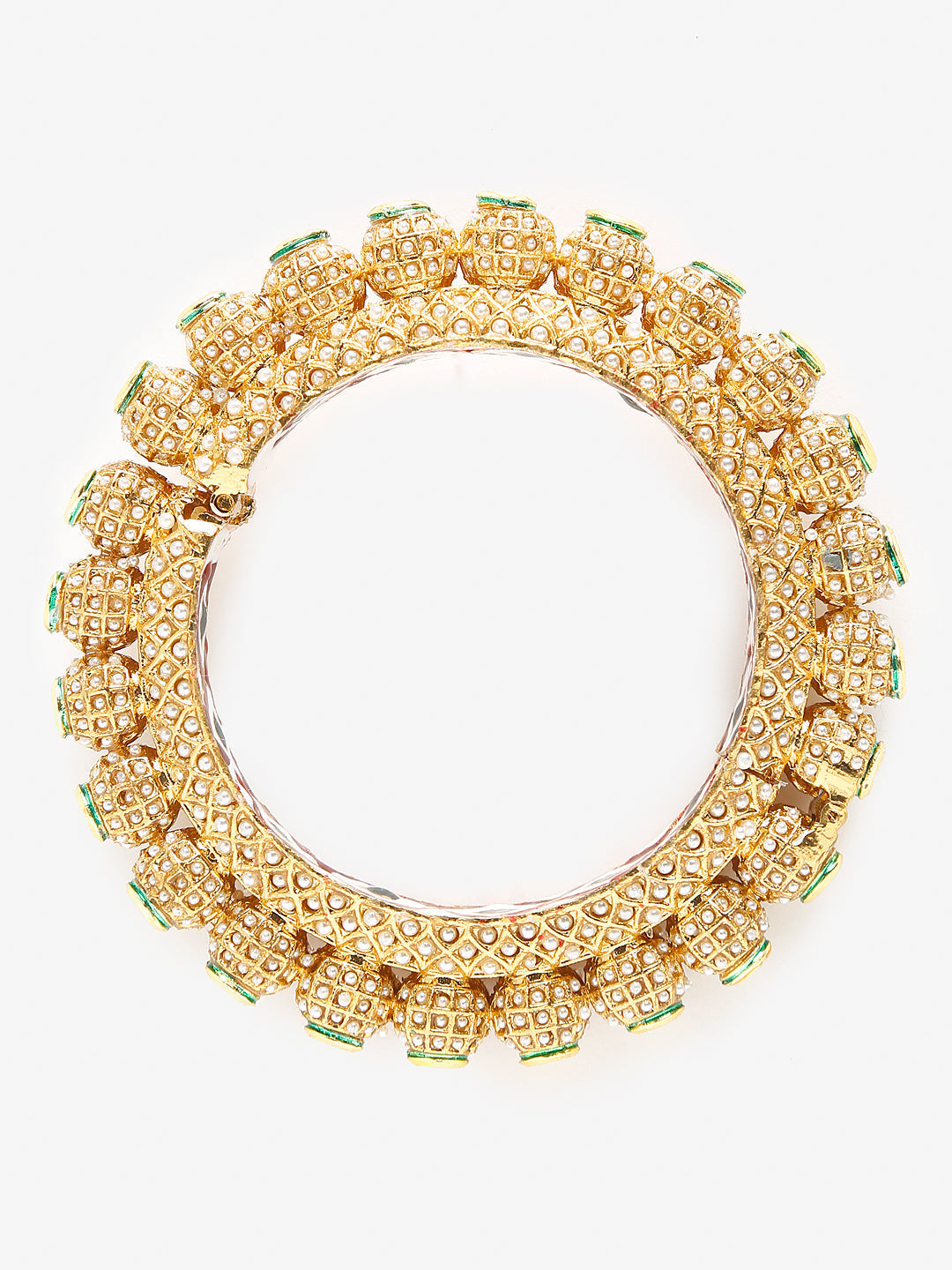 Gold-Polished White Pearl Studded Beaded Bangle - Ruby Raang