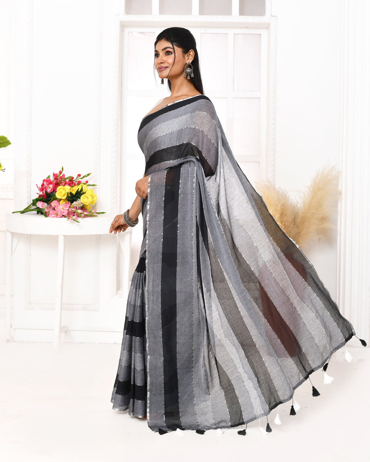 Piyari Fashion Grey Black Striped Mulmul Cotton Saree With Tassels