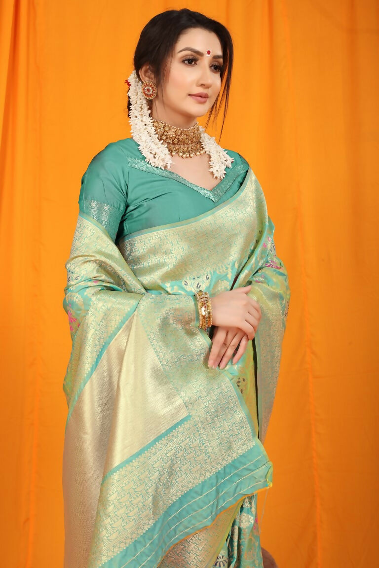 Jyoti Fashion Women's Sea Green Kanjivaram Silk Zari Woven Saree with Blouse