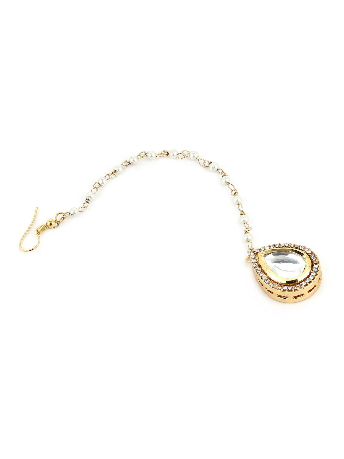 Gold-Polished White Kundan-Studded Pearl Beaded Maang Tikka - Ruby Raang