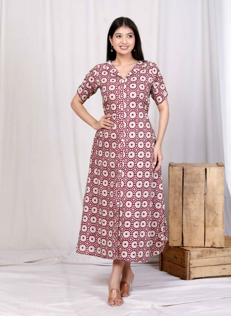 Miravan Women's Cotton Floral Printed Cream A-Line Maxi Dress with Buttons