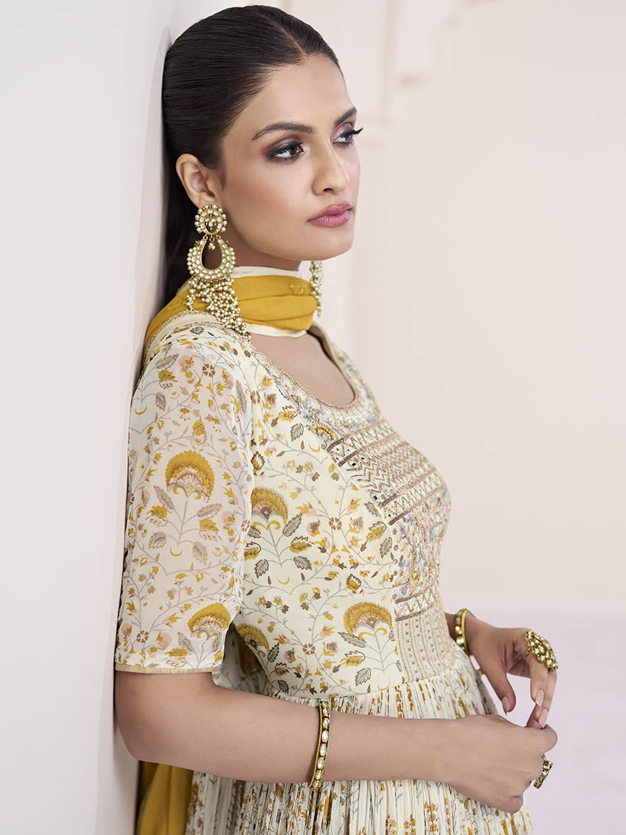 Myra Cream Georgette and Chinon Silk Gown Style Party Wear Suit