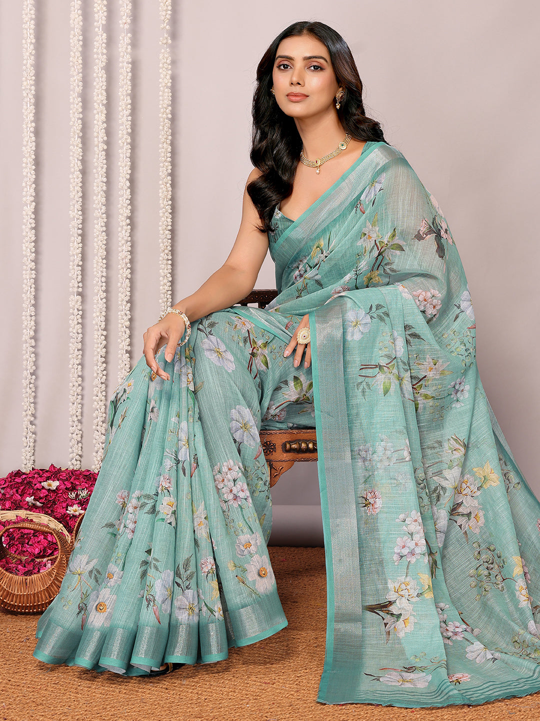 Janasya Sage Green Cotton Linen Floral Printed Saree