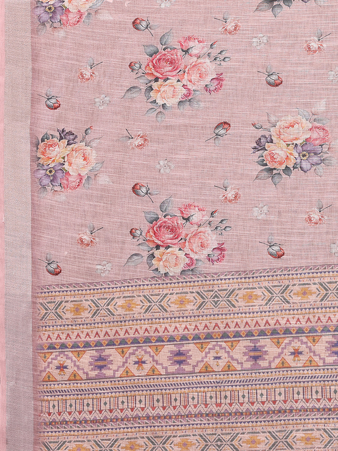 Janasya Mauve Cotton Linen Floral Printed Saree