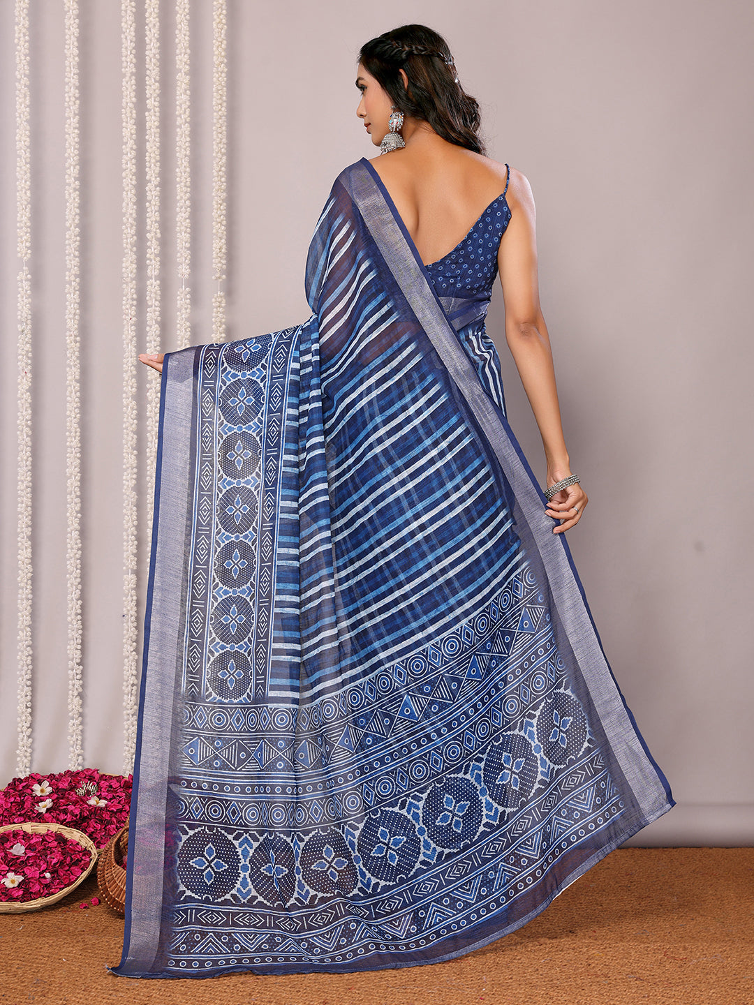 Janasya Blue Cotton Linen Geometric Printed Saree