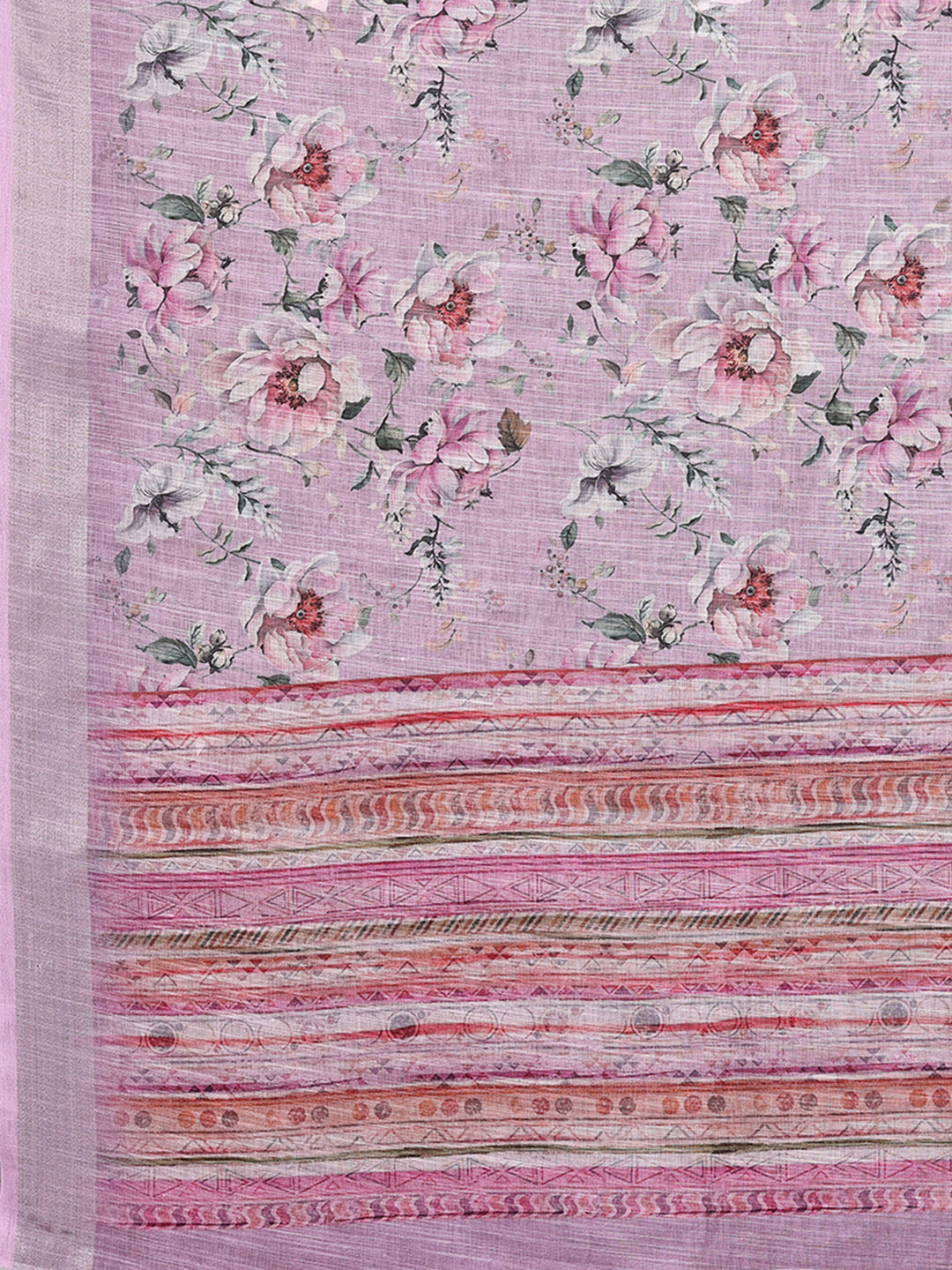 Janasya Lavender Cotton Linen Floral Printed Saree