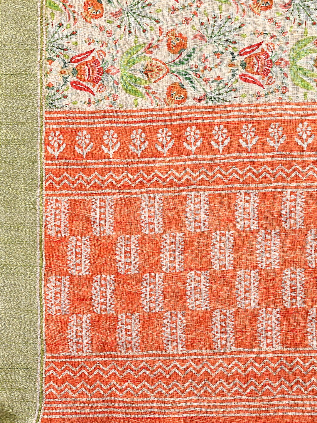 Janasya Light Green Cotton Linen Floral Printed Saree