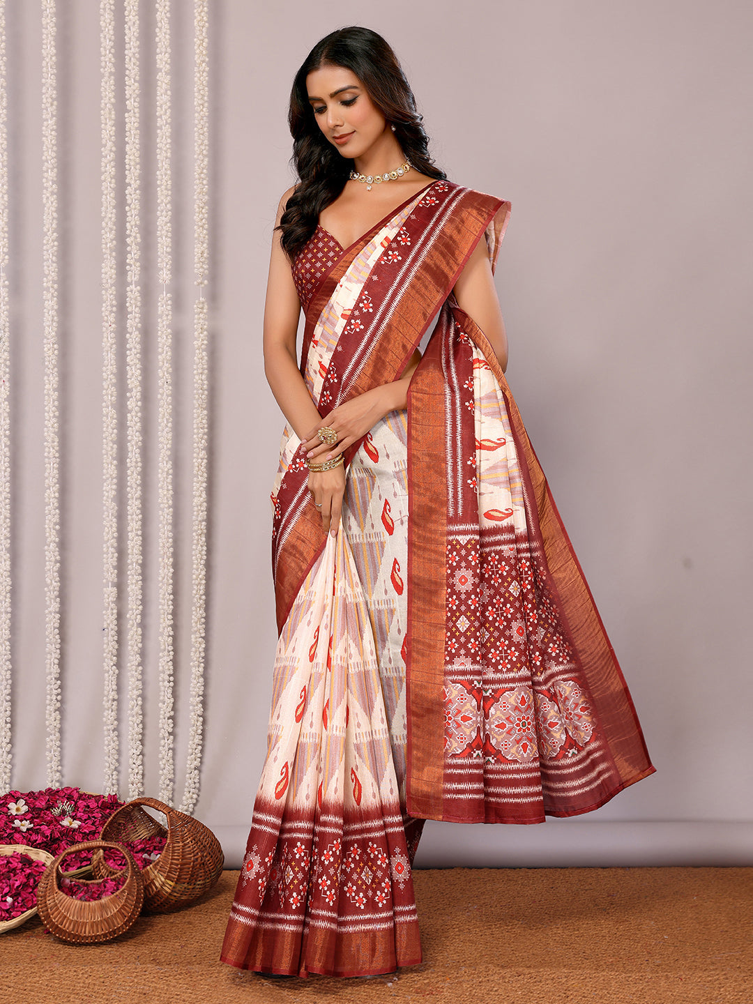 Janasya Cream Chanderi Silk Ikkat Printed Saree