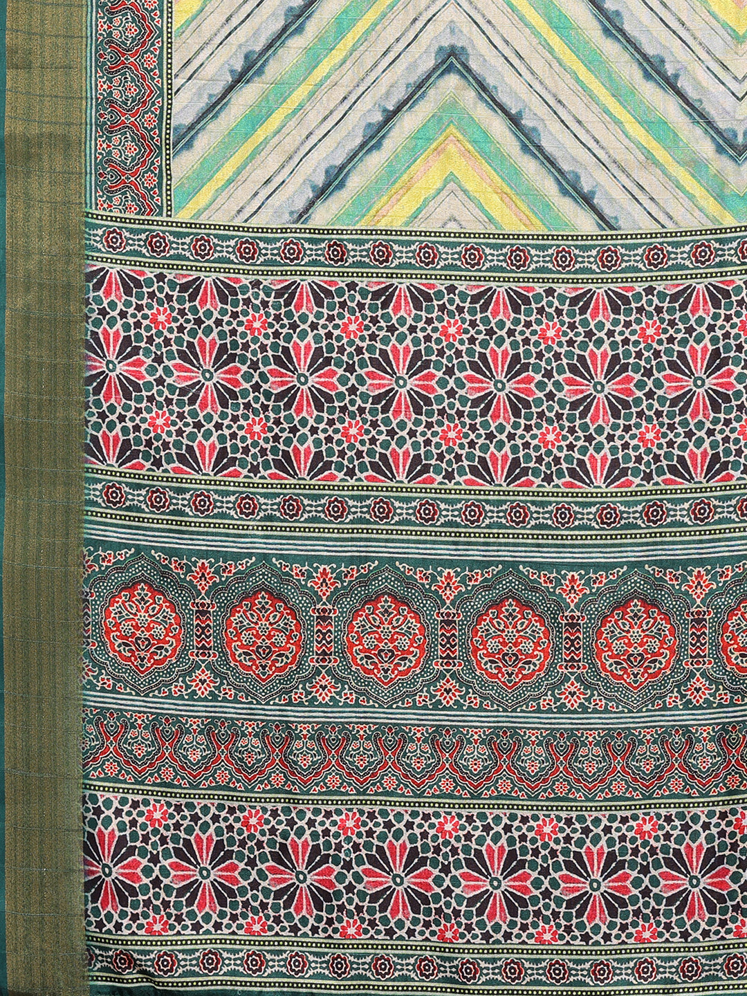 Janasya Green Chanderi Silk Chevron Printed Saree