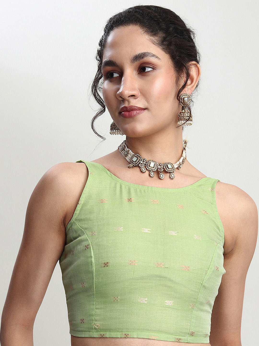 Janasya Green Linen Blend Geometric Jacquard Saree