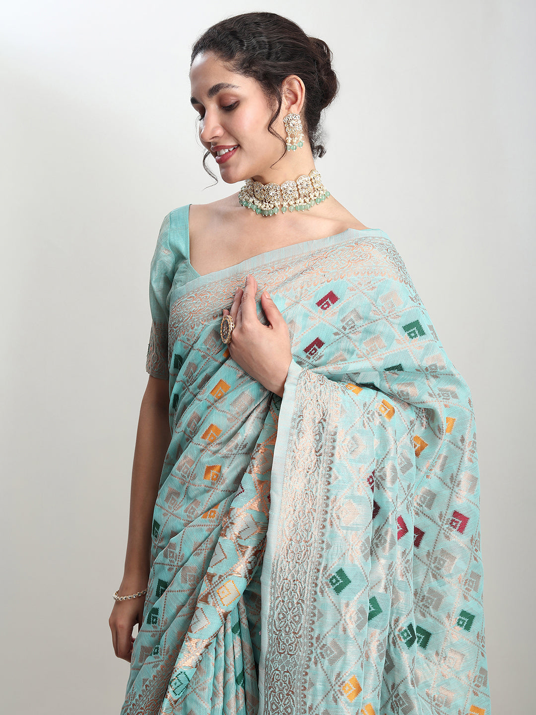 Janasya Sea Green Linen Blend Geometric Jacquard Saree