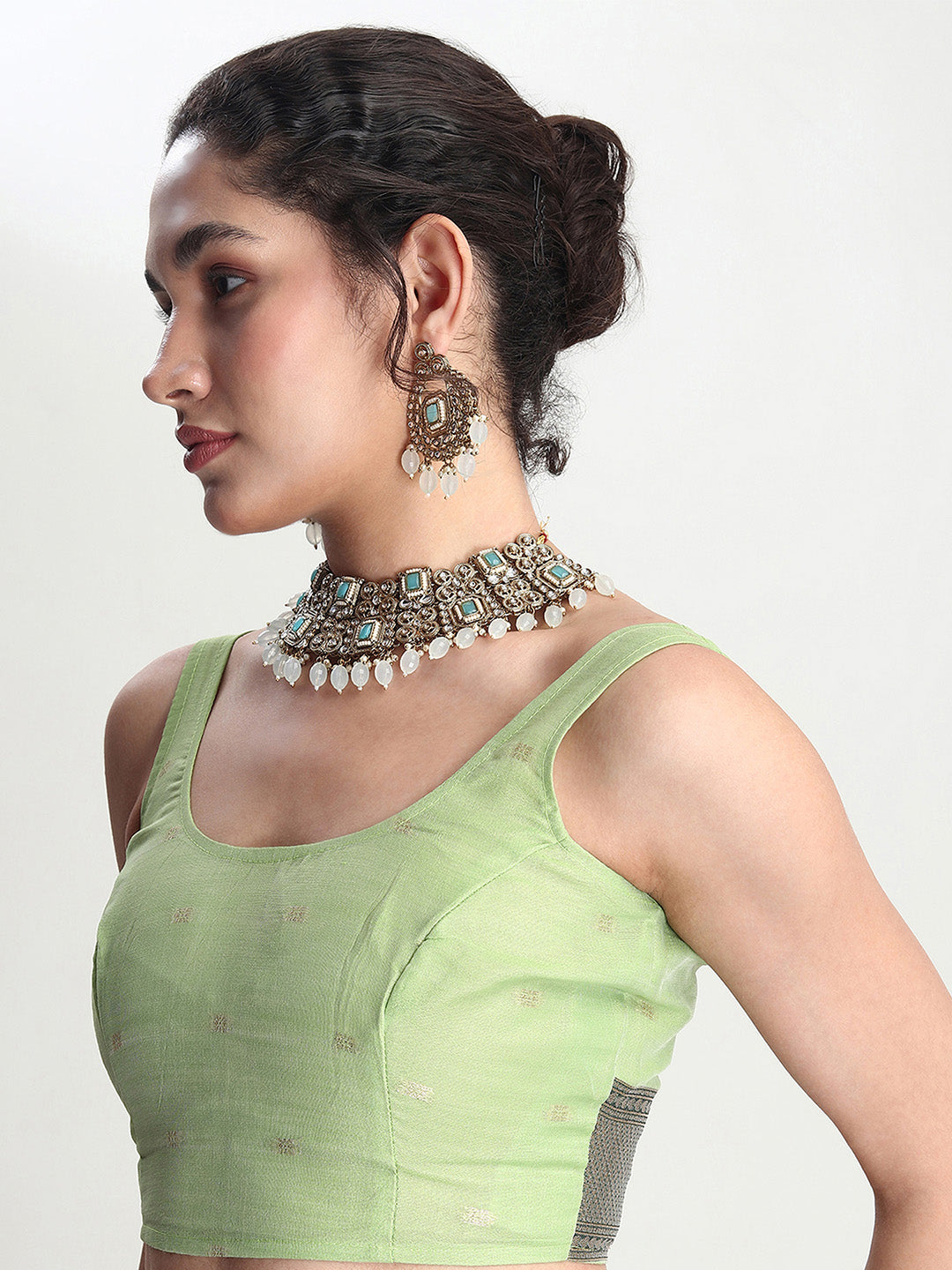 Janasya Light Green Linen Blend Floral Jacquard Saree