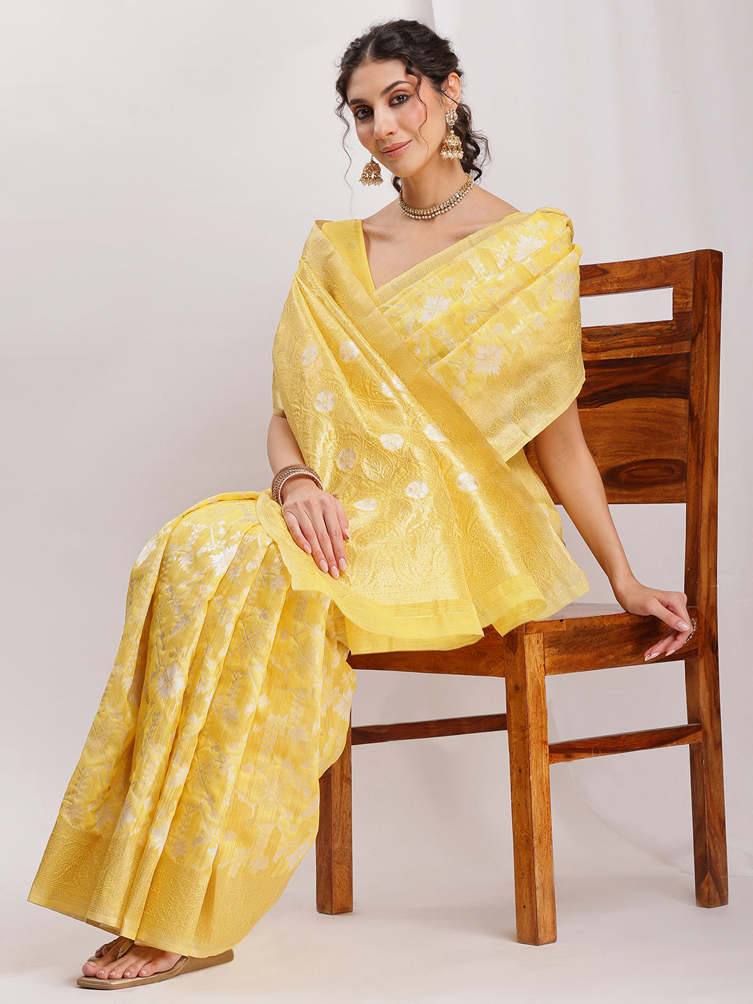 Janasya Yellow Linen Blend Geometric Jacquard Saree