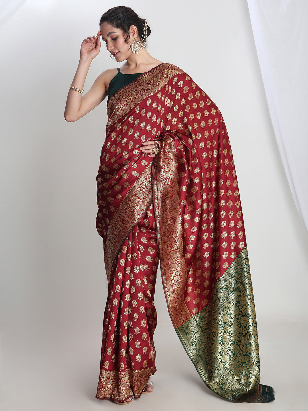 Janasya Maroon Silk Blend Ethnic Motifs Jacquard Saree