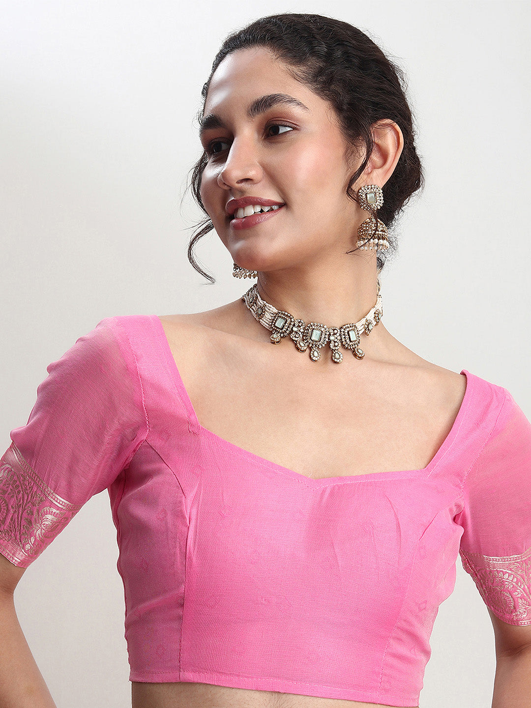 Janasya Pink Silk Blend Geometric Jacquard Saree