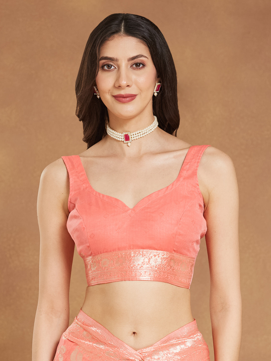Janasya Peach Silk Blend Floral Jacquard Saree