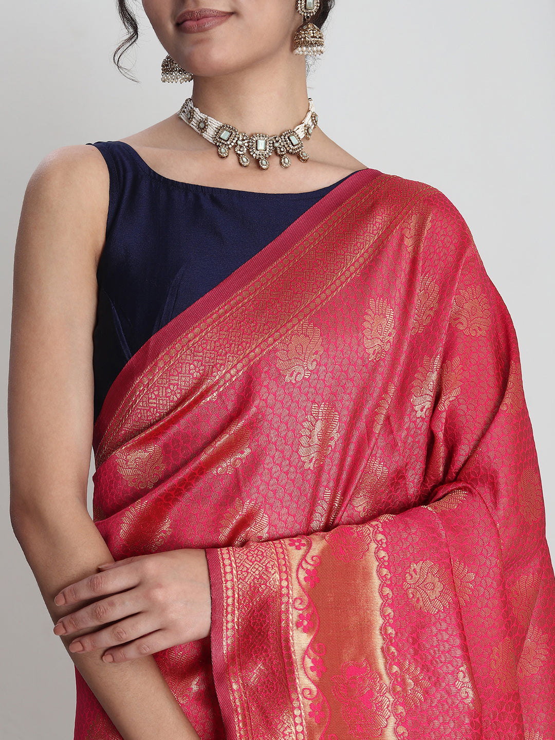 Janasya Pink Silk Blend Ethnic Motifs Jacquard Saree