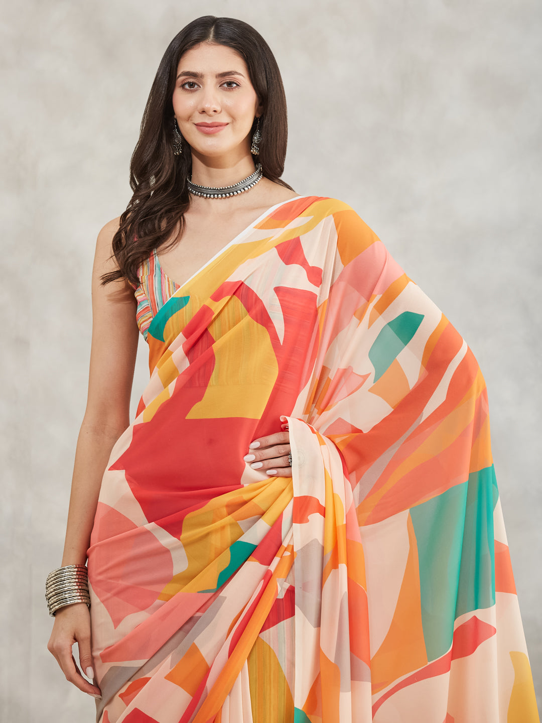 Janasya Multicolor Georgette Abstract Printed Saree