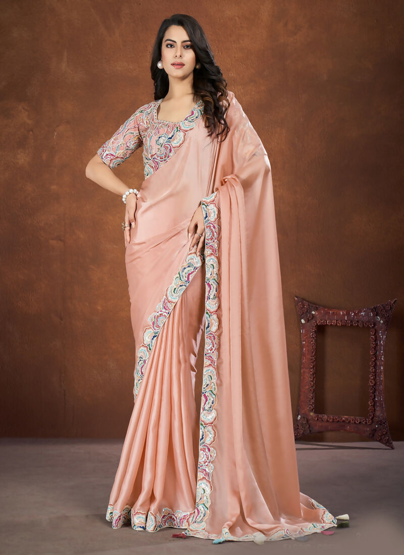 Peach Crepe Satin Silk Embroidered Saree with stitched Blouse - Mohmanthan Saha Saki